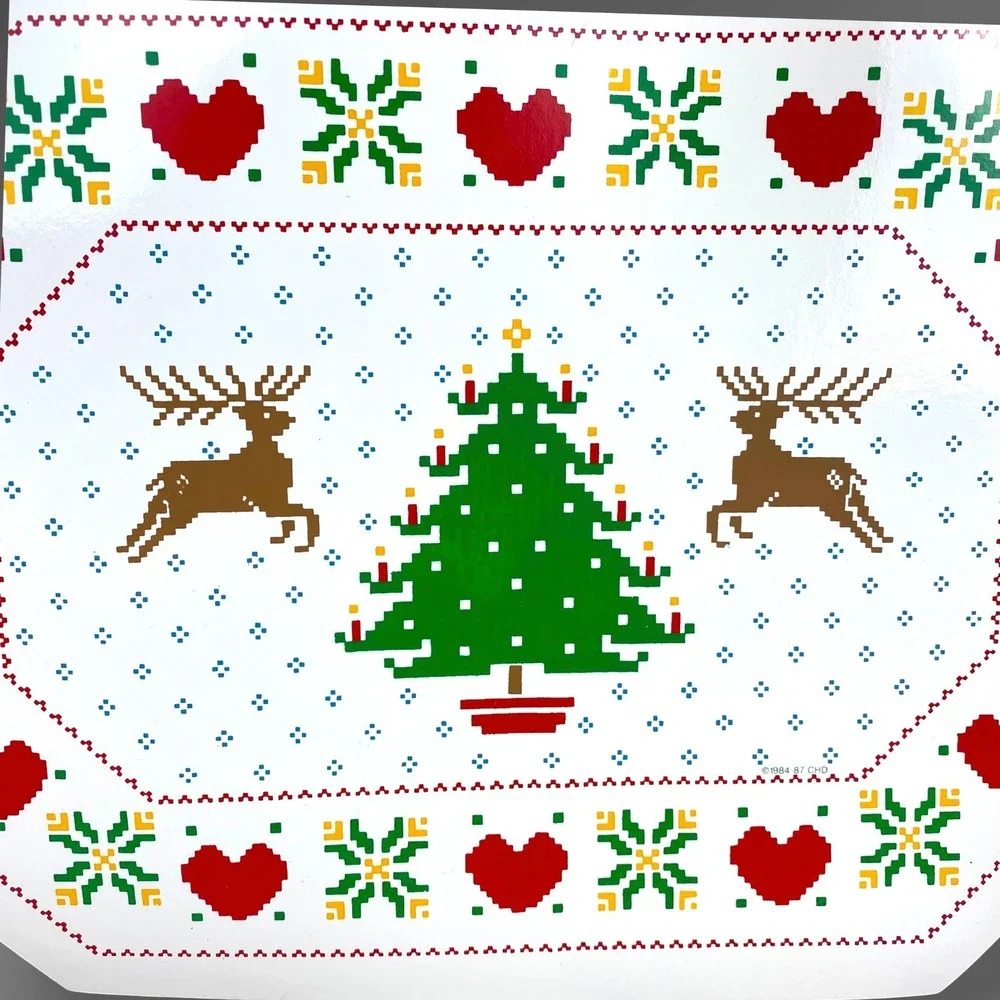 Christmas Pixel Vinyl Placemats Set of 8 Reindeer Tree 1984 Vintage